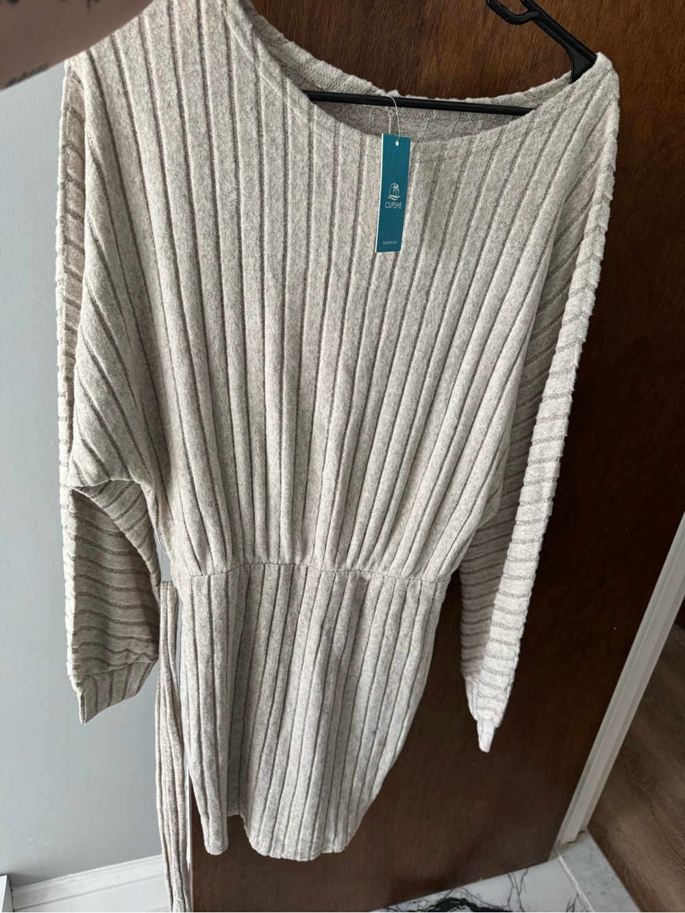 Cupshe Women’s Ribbed Long-Sleeve Dress in Beige